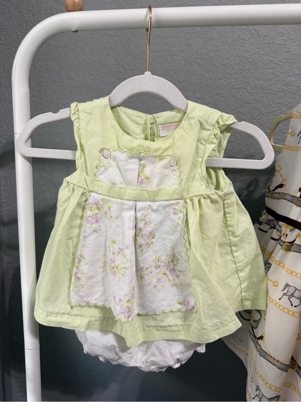 Janie and Jack Light Green Baby Dress with Floral Apron Panel